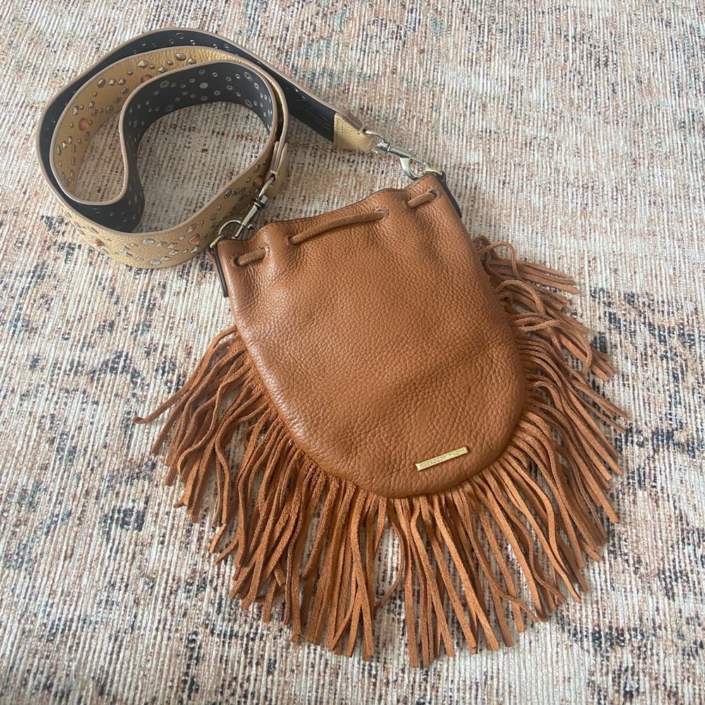 🛑SOLD Rebecca Minkoff Boho Tan Suede Fringe Crossbody Embellished Strap Handbag - Picture 8 of 13